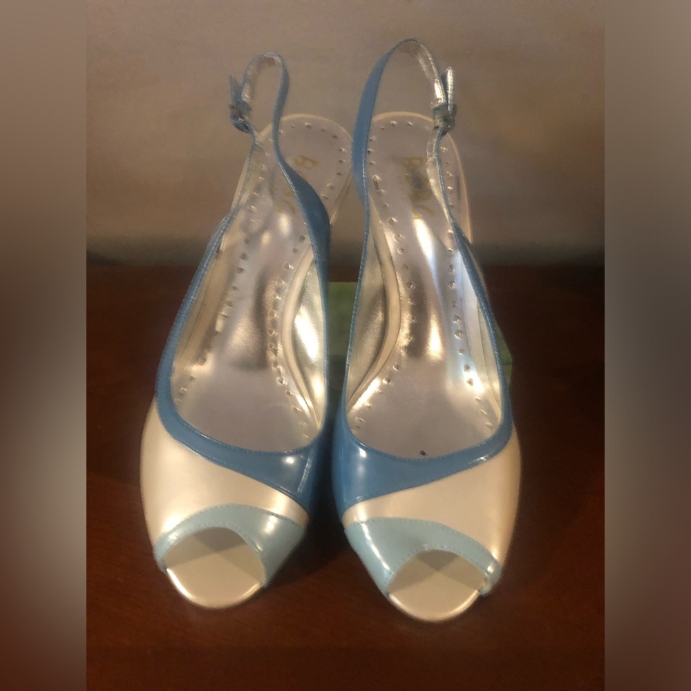 BCBG Blue and White Peep-Toe Slingback Heels